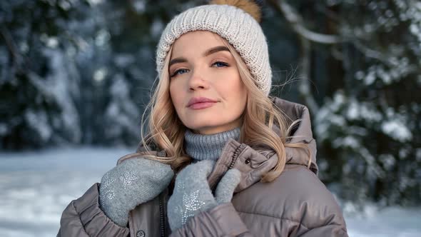 Closeup Face Stylish Feminine Posing Surrounded By Snowy Trees