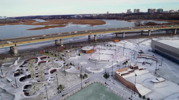 Empty Skater Ground Near Overpass Highway Bridge in City