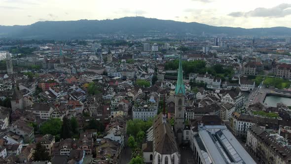 Flight over Predigerkirche church and Zurich central library, Switzerland
