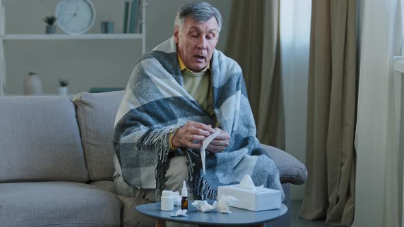 Sick Elderly Man Covered with Warm Blanket Suffer From Runny Nose Sneezes in Napkin Unwell Old