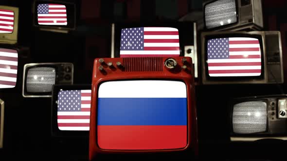 Flag of Russia and US Flags on Retro TVs.