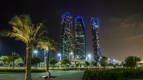 Famous Towers Buildings in Abu Dhabi Night Timelapse Hyperlapse