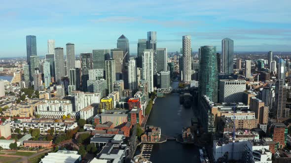 Aerial Panoramic View of the Canary Wharf Business District in London