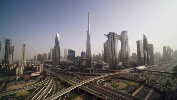 Aerial view of Dubai skyline with Burj Khalifa skyscraper, UAE.