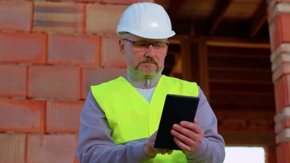 Worker Architect Wearing a Safety Hardhat and Vest Working with Digital Tablet on Construction Site