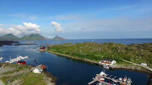 Marina in Ballstad, Lofoten, aerial view