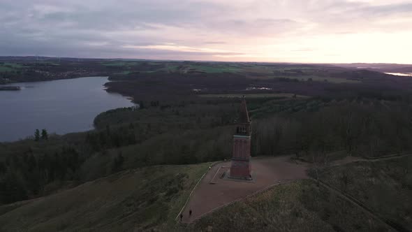 Aerial Over Red Brick Tower on the Top of Himmelbjerget Hill Denmark