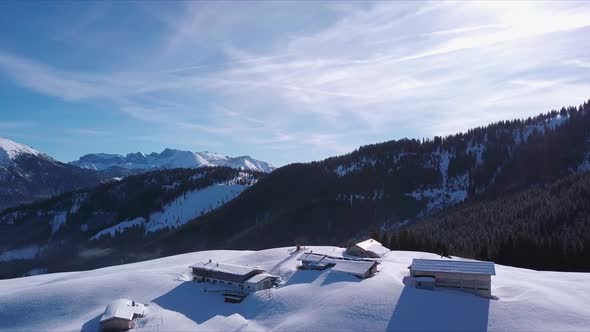 View of mountain huts in winter, Achenkirch, Austria