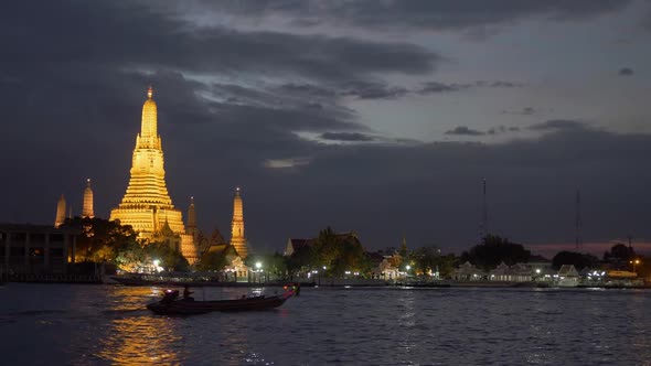 Night View of Wat Arun Temple in Bangkok, Thailand, on the West Bank of the Chao Phraya River