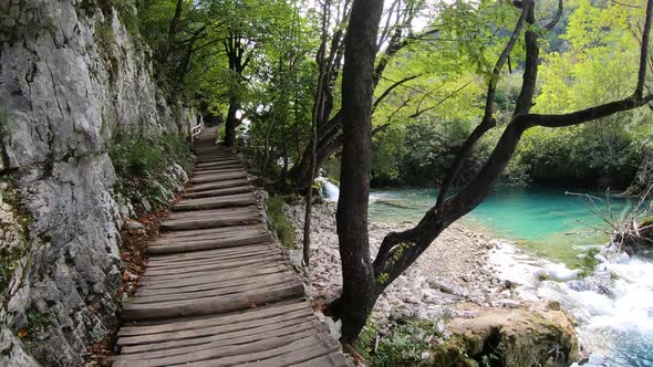 Walking on a footbridge at Plitvice National Park, Croatia