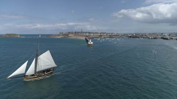 Drone footage of the corsair boat "Le Renard" in the port of Saint-Malo, Bretagne, France