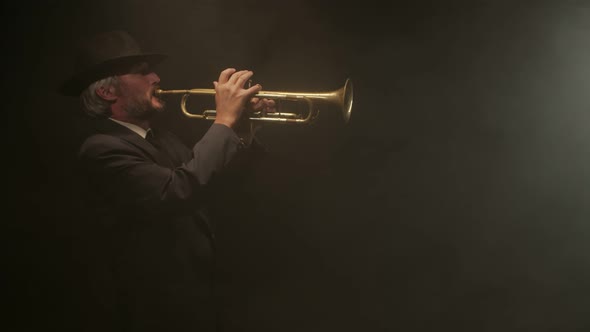 Bluesman Plays Trumpet in Dark Smoky Room at Spotlight Side View