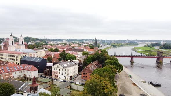 Kaunas Old town and Aleksotas bridge, aerial flying view