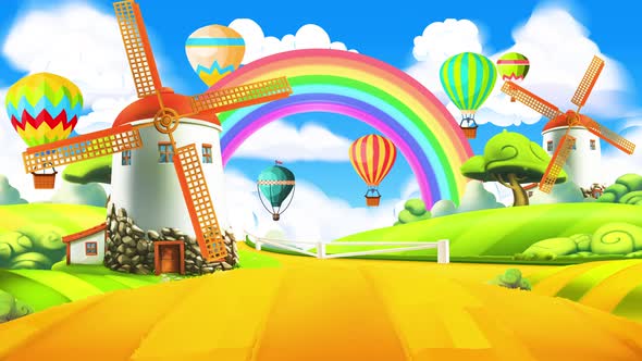 Cartoon Background with Farm, Rainbow and Balloon