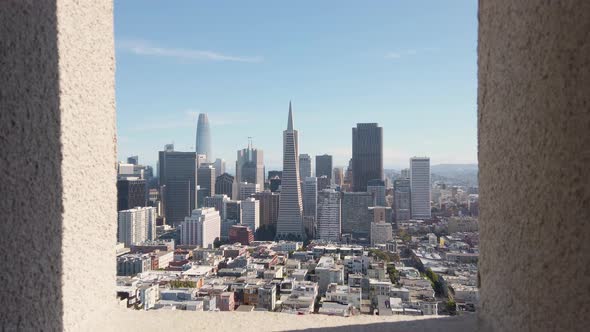 San Francisco downtown and neighborhoods skyline panorama from Coit Tower window