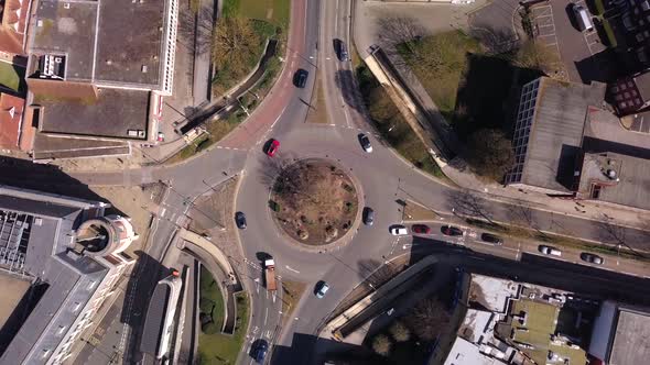 Aerial shot, top down of a roundabout in Canterbury, Kent