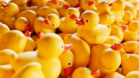 Animation of the pile of rubber ducks. A huge amount of cute yellow toys. Stacks