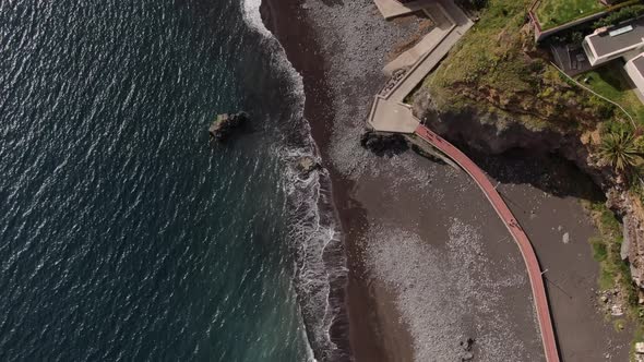 Aerial view of a promenade on Formosa Beach, Funchal, Madeira, Portugal