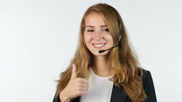 Portrait Of Call Center Girl Showing Thumbs Up , White background