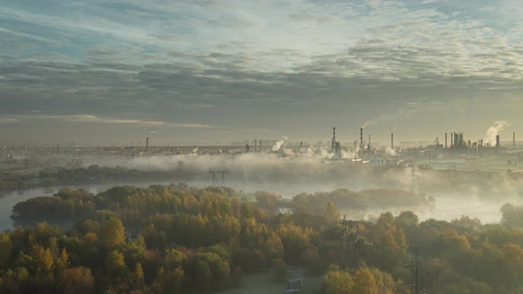 very beautiful morning autumn view of the oil refinery in Kapotna, Moscow