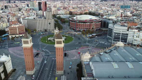 Aerial Urban Scene of Barcelona with Spain Square and Its Venetian Towers Spain