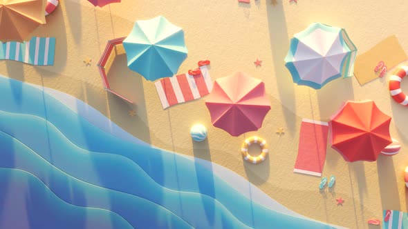 Stylized summer sea and beach with colorful umbrellas. Vacations, holiday, fun.