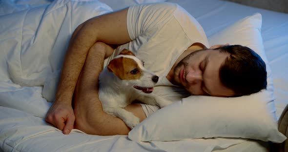 Young Man Is Caressing His Dog, Lying in Bed Before Asleep in Dark Bedroom
