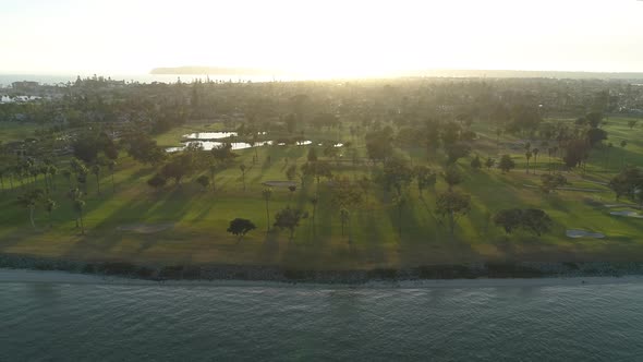 Aerial shot of a park along the coast