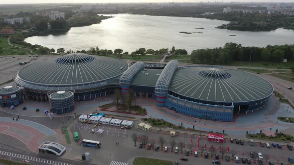 September 15 2019 Top View of the Ice Palace Chizhovka Arena in Minsk at Sunset