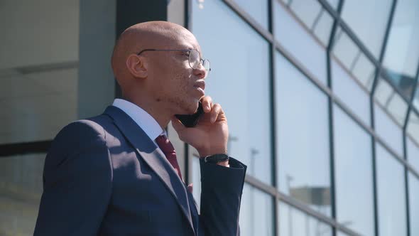 Young Attractive African American Businessman Talking on the Phone Near a Modern Mirror Building