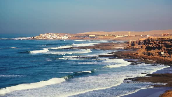Waves of Blue Ocean in Morocco Coast Beach