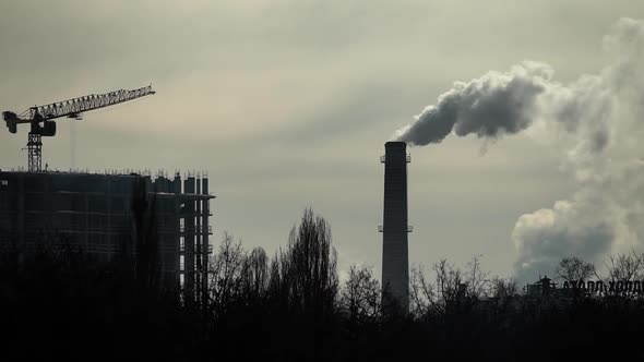 Smoke Comes From the Chimney. Air Pollution. Slow Motion. Ecology. Kyiv. Ukraine