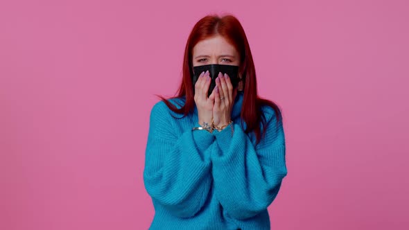 Woman Wearing Medical Mask on Her Face Coughing Suffering From Bronchitis Asthma Allergy Coronavirus