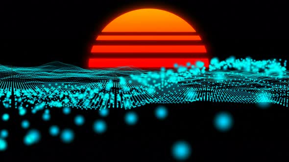 Retro Cyber Tech 90 Grids Landscape Abstract Wireframe Blue Neon Light Data Flow