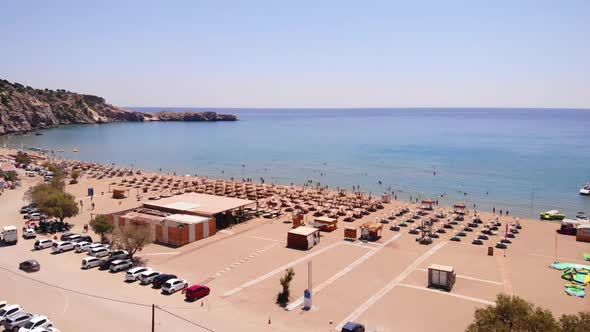 Idyllic Tsambika Beach On Rhodes Island, Greece - aerial drone shot