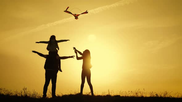 Happy Family Playing with a Kite While on Meadow, Sunset, in Summer Day