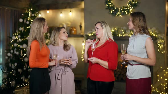 Four Women Stand with Glasses in Hands in a Room Decorated for Christmas and Listen to the Speech of