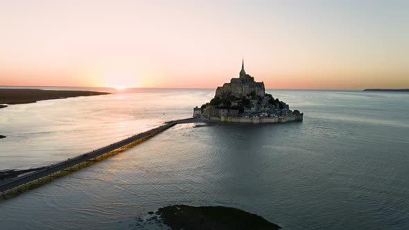 Sunset on Mont-Saint-Michel in France. Seen from above.