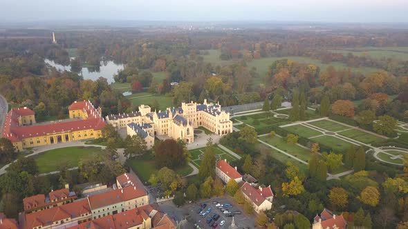 Aerial View of Small Town Lednice and Castle Yard with Green Gardens in Moravia Czech Republic