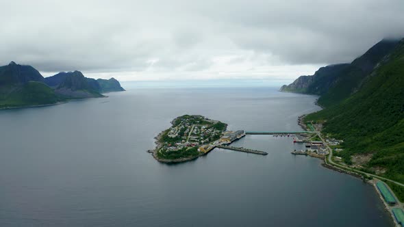 Aerial View of the Husoy Fishing Village on the Senja Island Norway