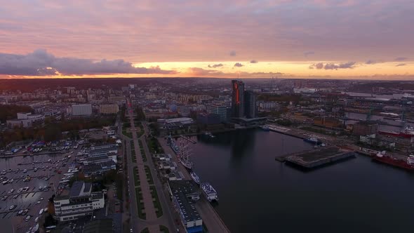 Aerial view of the port of Gdynia in sunset