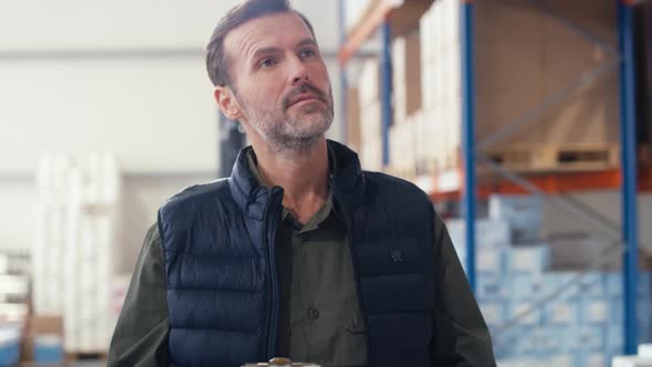 Adult caucasian man walking with documents in warehouse. Shot with RED helium camera in 8K.