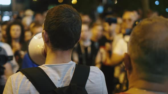 Megaphone Speakers on Political Rally Bullhorn Speech on City Riot Protest