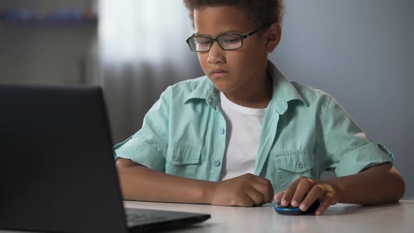 Little Boy Skillfully Using Computer Mouse to Search Information on Internet