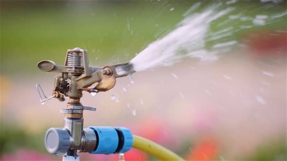 Agriculture - Water Sprinkler Watering Tulips at Flower Plantation Farm.