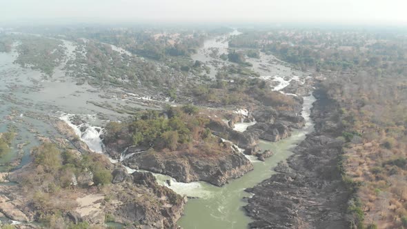 Aerial: flying over Don Det and the 4000 islands Mekong River in Laos