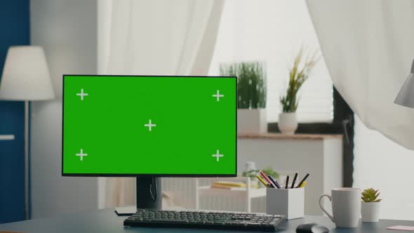 Empty Bright Living Room with Isolated Mockup Green Screen Chroma Key Monitor