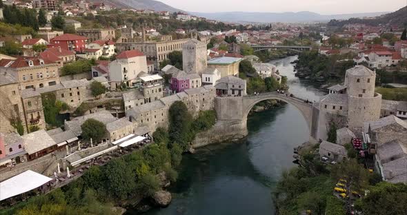 Mostar in Bosnia and Herzegovina, 4K aerial shot of Stari Most "Old Bridge"