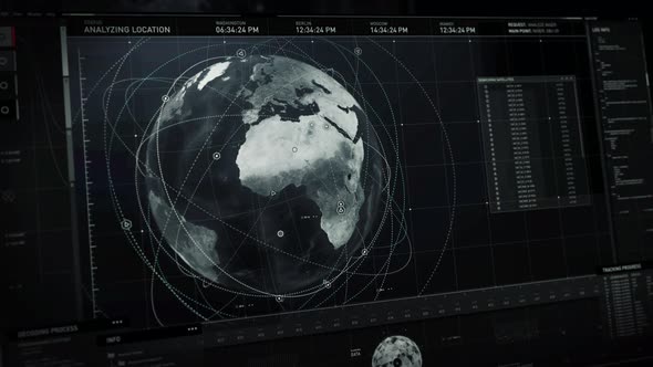 Computer searching system ui detecting the satellite connections on a world map alt