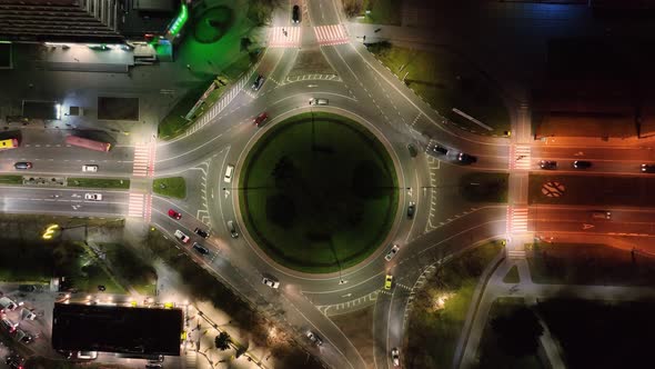 Aerial Top View of Car Traffic at Roundabout Lane